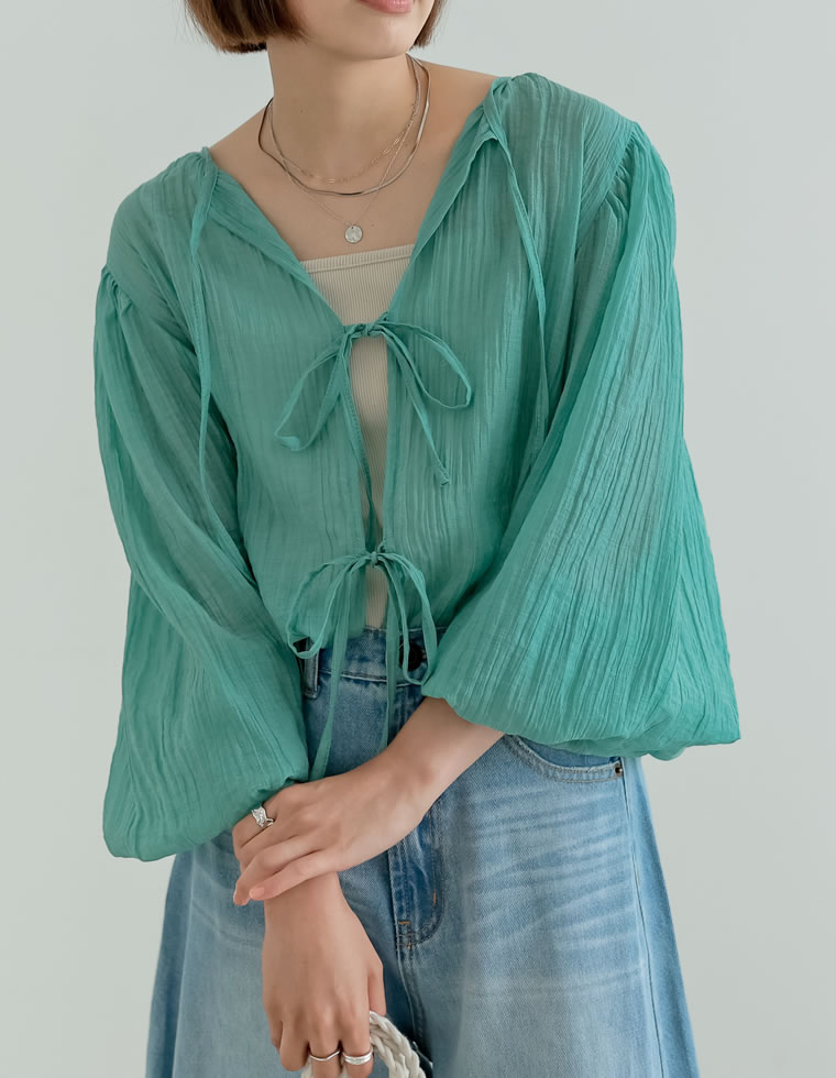 2WAY無地orフロッキードット柄シアー楊柳ボリュームスリーブブラウス