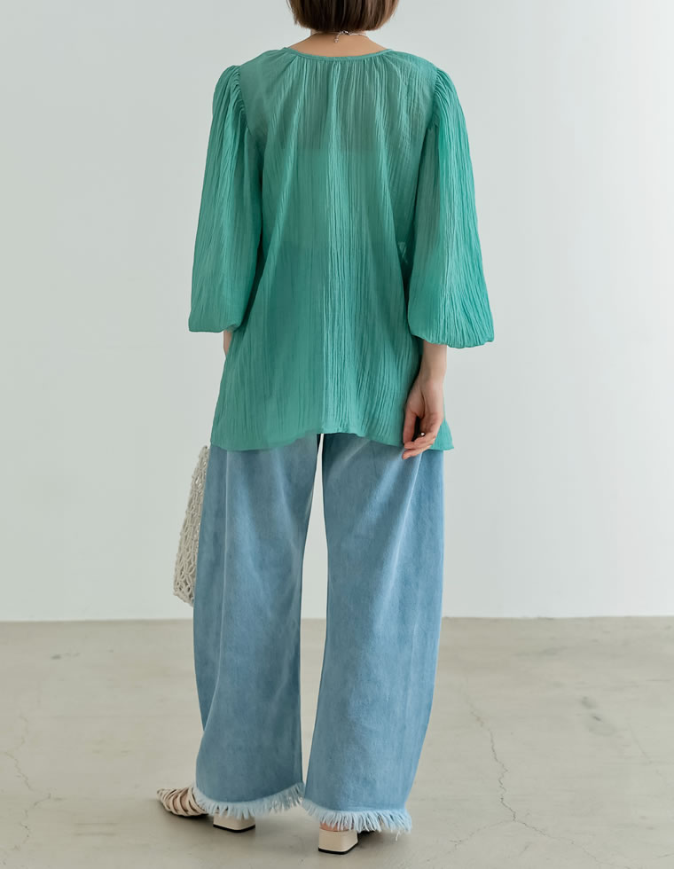 2WAY無地orフロッキードット柄シアー楊柳ボリュームスリーブブラウス