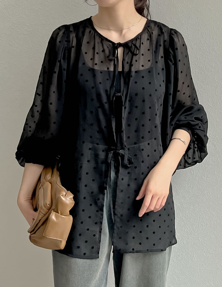 2WAY無地orフロッキードット柄シアー楊柳ボリュームスリーブブラウス