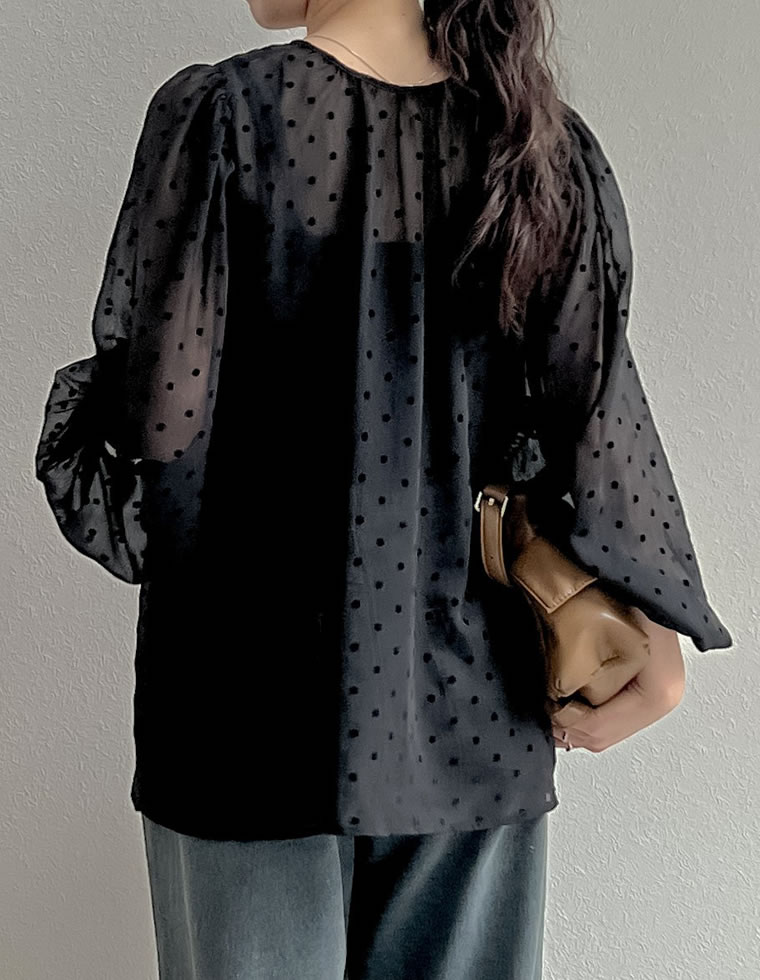 2WAY無地orフロッキードット柄シアー楊柳ボリュームスリーブブラウス