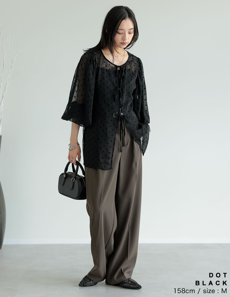 2WAY無地orフロッキードット柄シアー楊柳ボリュームスリーブブラウス