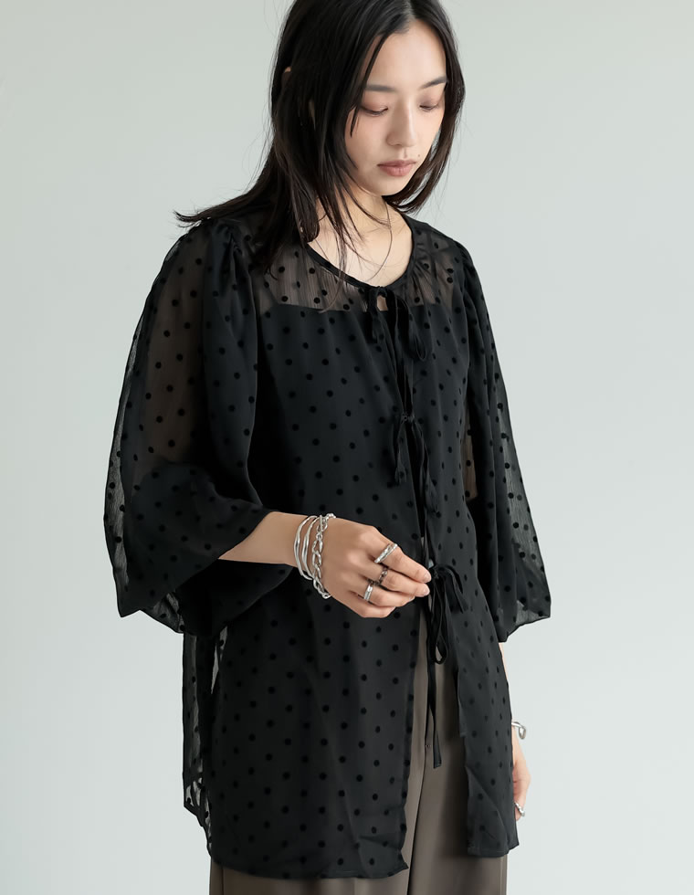 2WAY無地orフロッキードット柄シアー楊柳ボリュームスリーブブラウス
