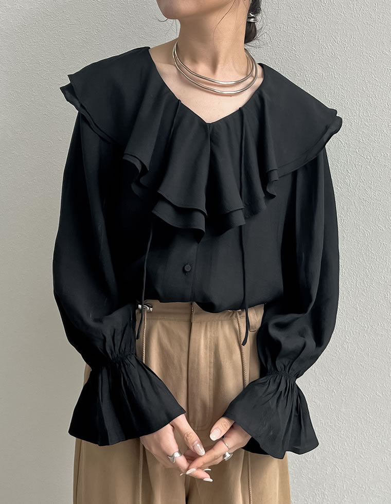 キャンディスリーブラッフルシアーブラウス