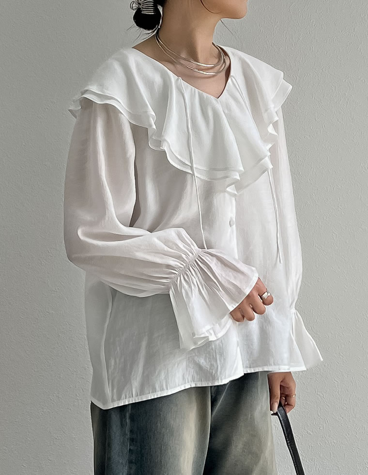 キャンディスリーブラッフルシアーブラウス