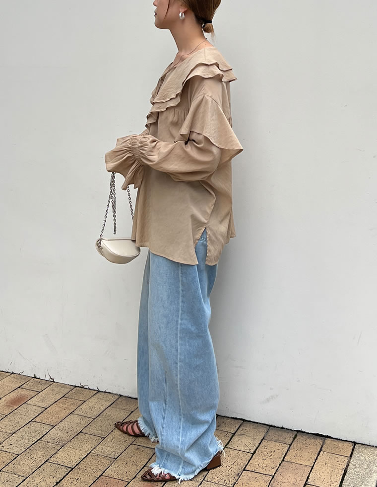 キャンディスリーブラッフルシアーブラウス