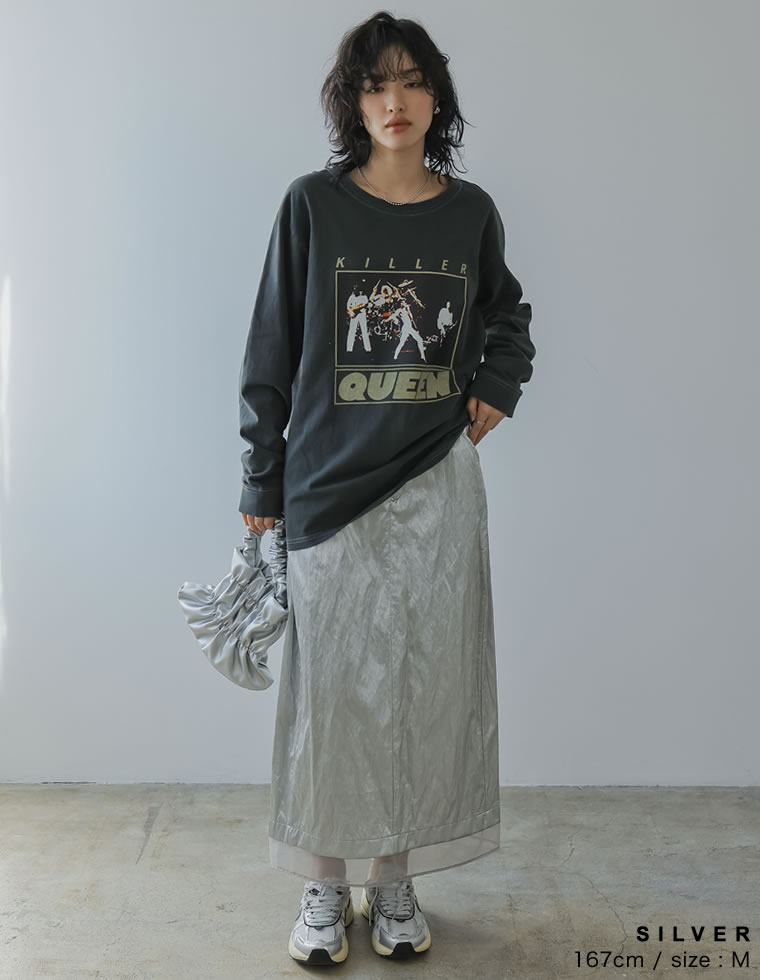 メタリックフェイクレザー×オーガンジータイトスカート