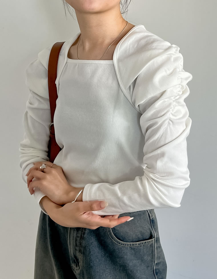ボリュームスリーブスクエアネックリブカットソートップス