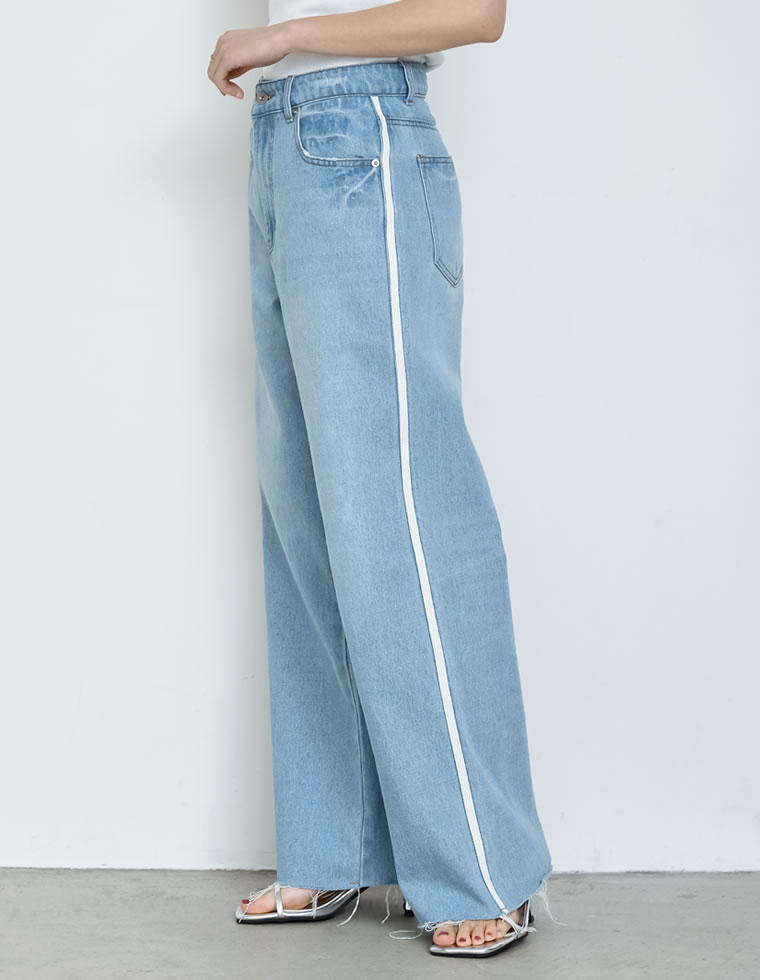 コットンデニムサイドラインワイドストレートパンツ