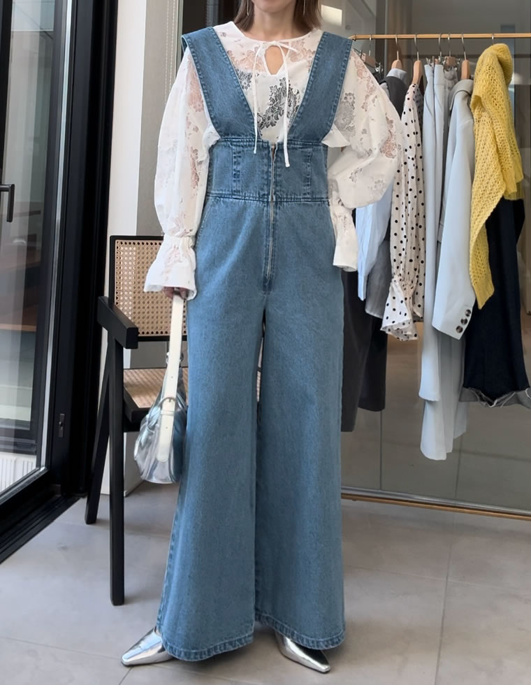 フロントジップリサイクルデニムサロペット