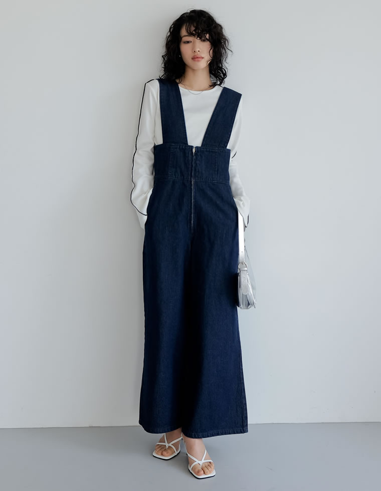 フロントジップリサイクルデニムサロペット
