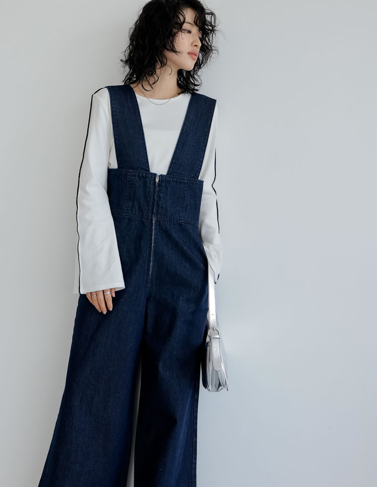 フロントジップリサイクルデニムサロペット