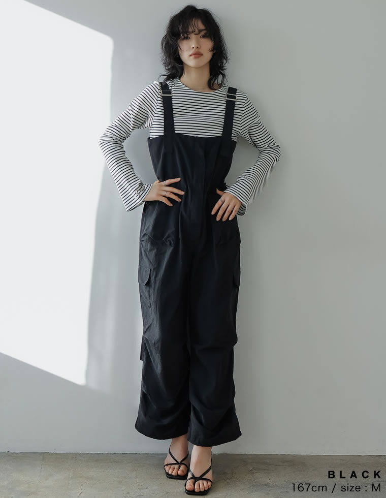 ナイロンタフタウエストドロストカーゴサロペット