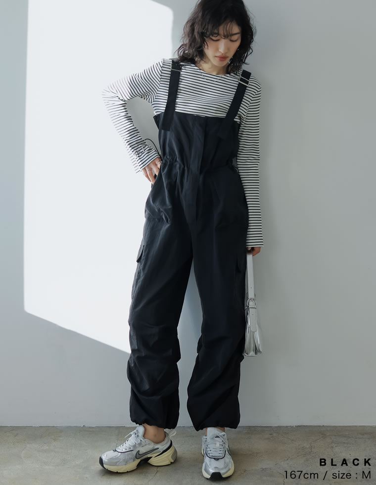 ナイロンタフタウエストドロストカーゴサロペット