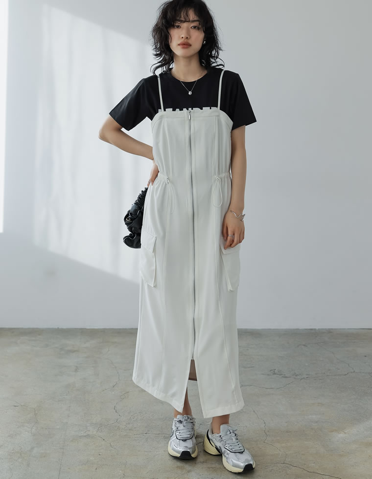 2WAYサテンフロントジップキャミワンピース
