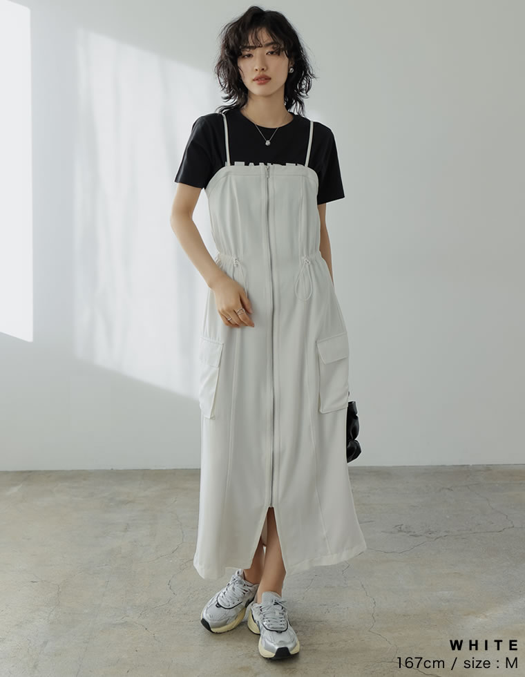 2WAYサテンフロントジップキャミワンピース
