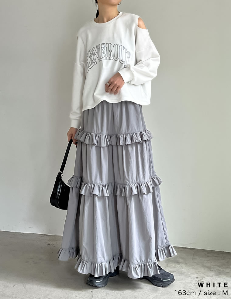 裏毛刺繍ロゴ肩スリットショート丈トップス