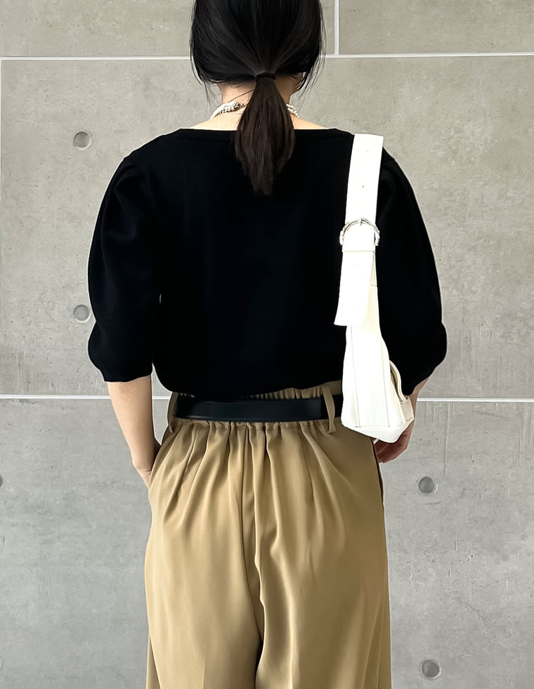 ミラノリブパフスリーブ半袖ニットトップス
