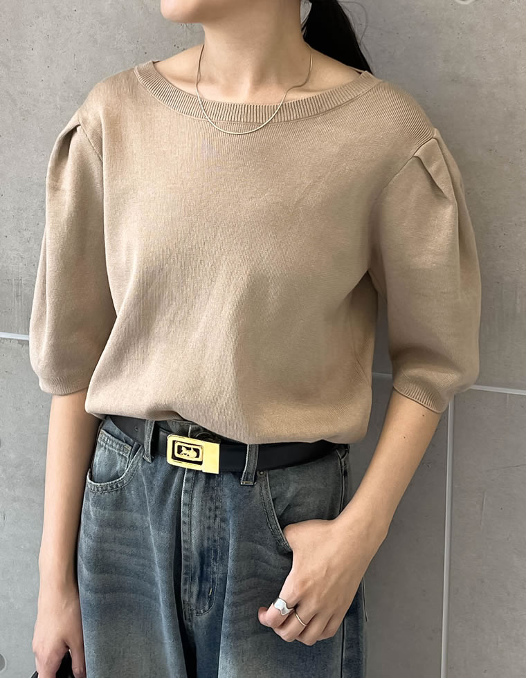ミラノリブパフスリーブ半袖ニットトップス