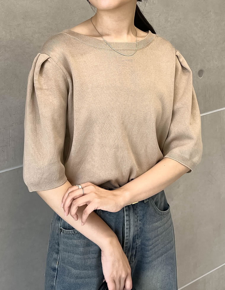 ミラノリブパフスリーブ半袖ニットトップス