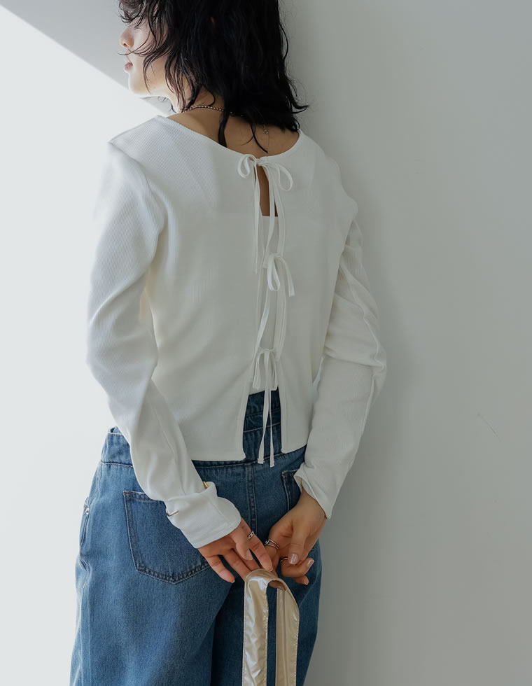 ストレッチリブ前後2WAYリボンデザイントップス