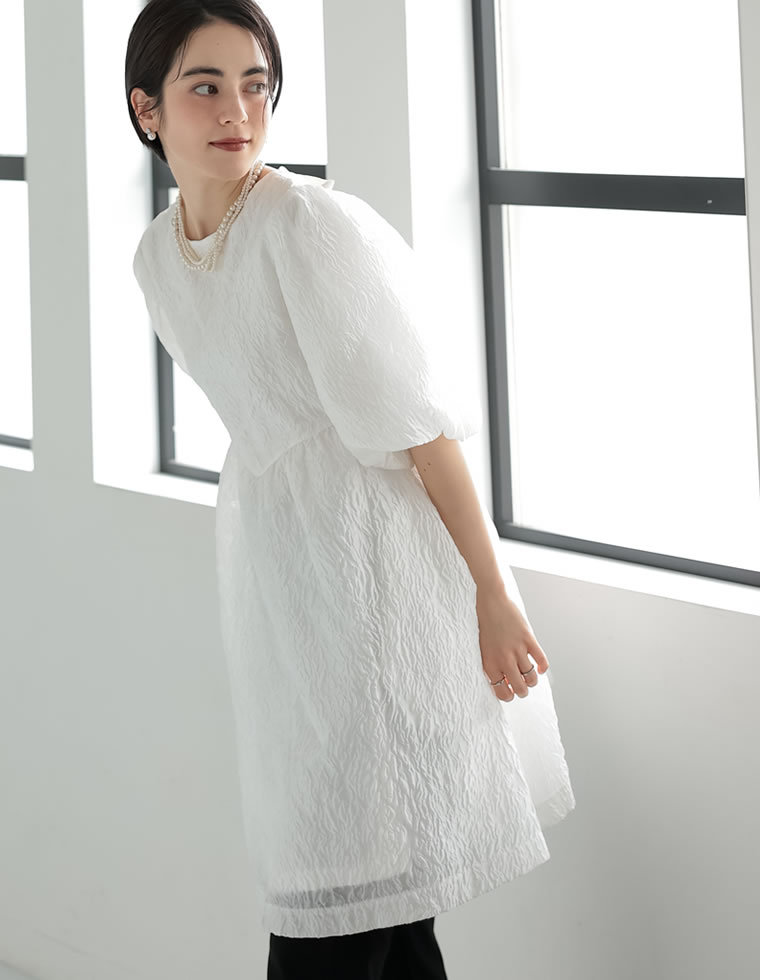 バックリボンパフスリーブジャガードワンピース