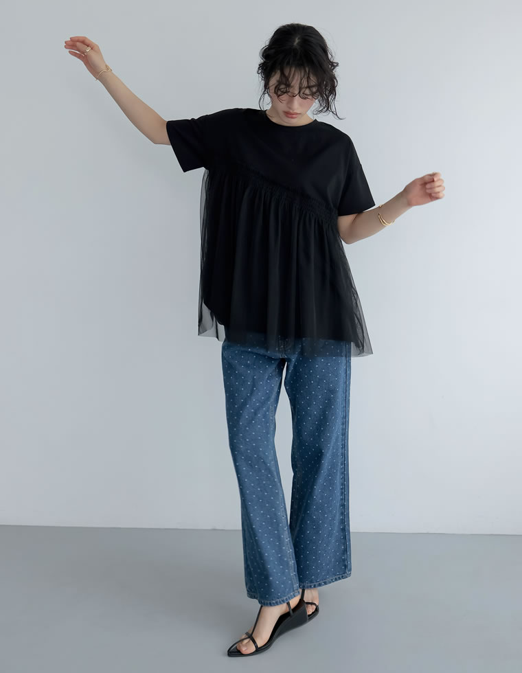 チュールドッキングビスチェライクベアデザインTシャツ