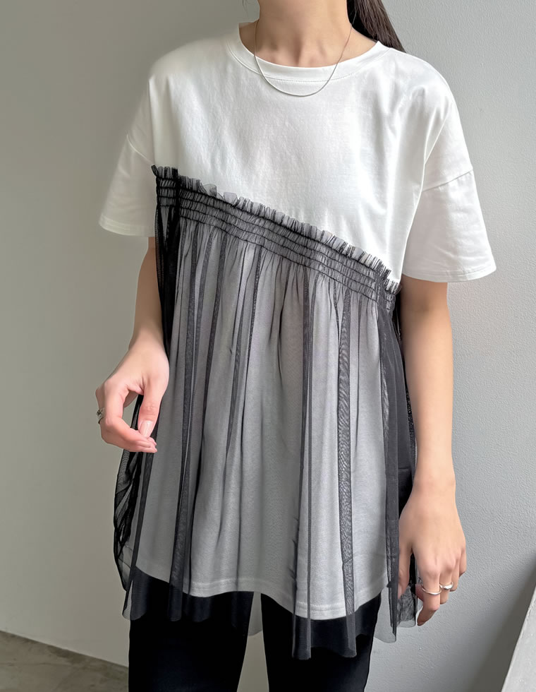 チュールドッキングビスチェライクベアデザインTシャツ