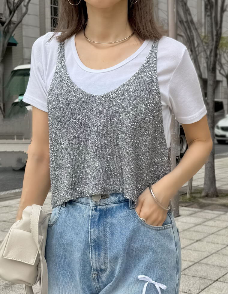スパンコールニットキャミソールビスチェ