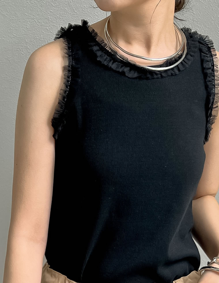 ストレッチリブフリル付きアメスリトップス