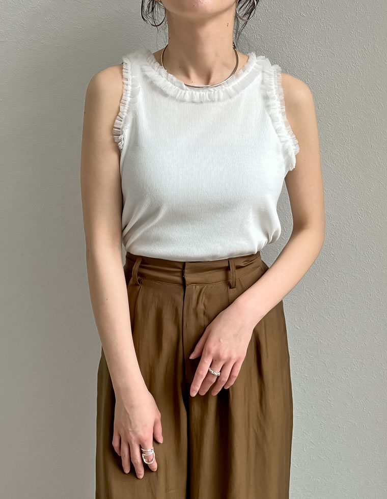 ストレッチリブフリル付きアメスリトップス