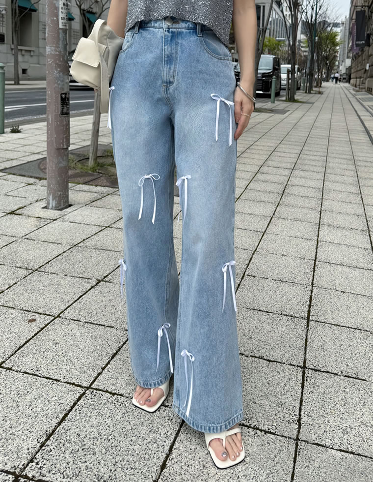 リボン付きルーズワイドデニム