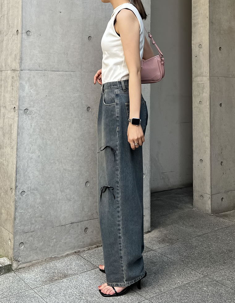 リボン付きルーズワイドデニム