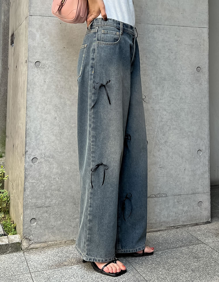 リボン付きルーズワイドデニム