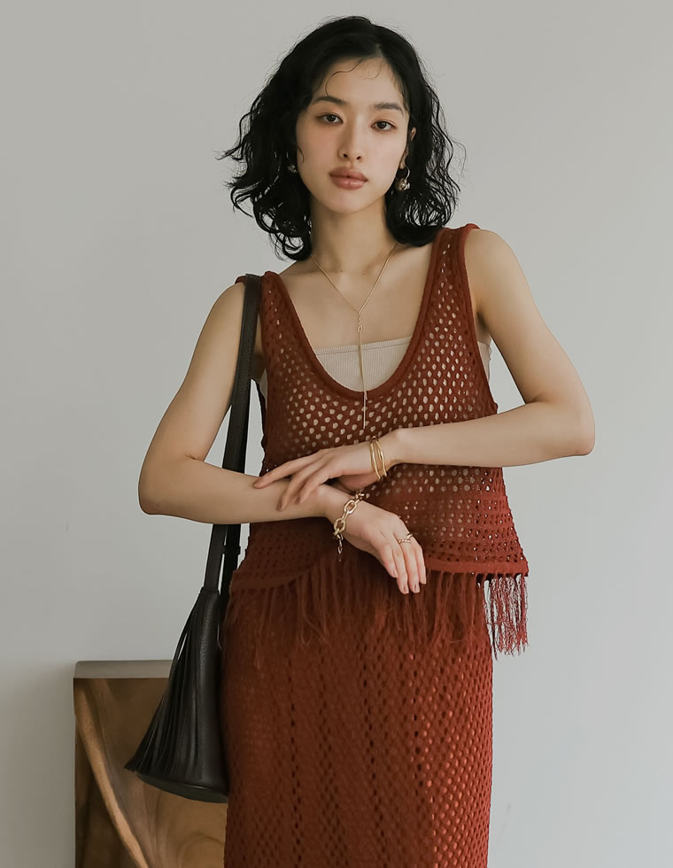 メッシュニットフリンジトップス