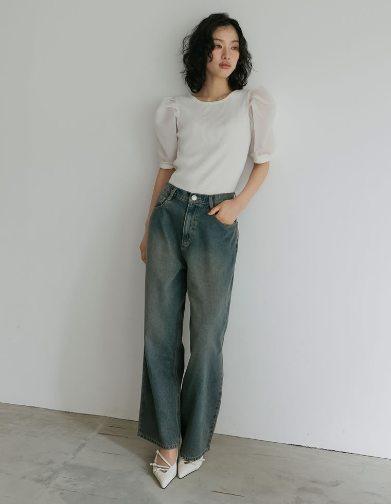 オーガンジーパフスリーブトップス