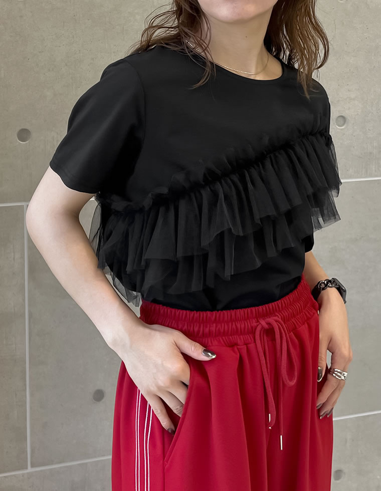 チュールアシンメトリーデザインＴシャツ