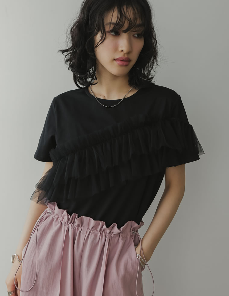 チュールアシンメトリーデザインＴシャツ