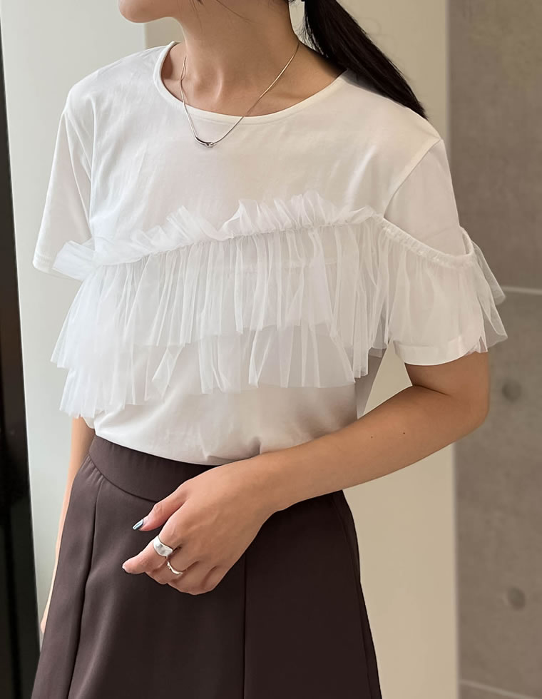 チュールアシンメトリーデザインＴシャツ