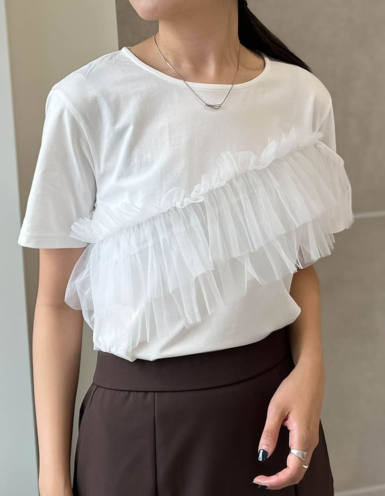 チュールアシンメトリーデザインＴシャツ