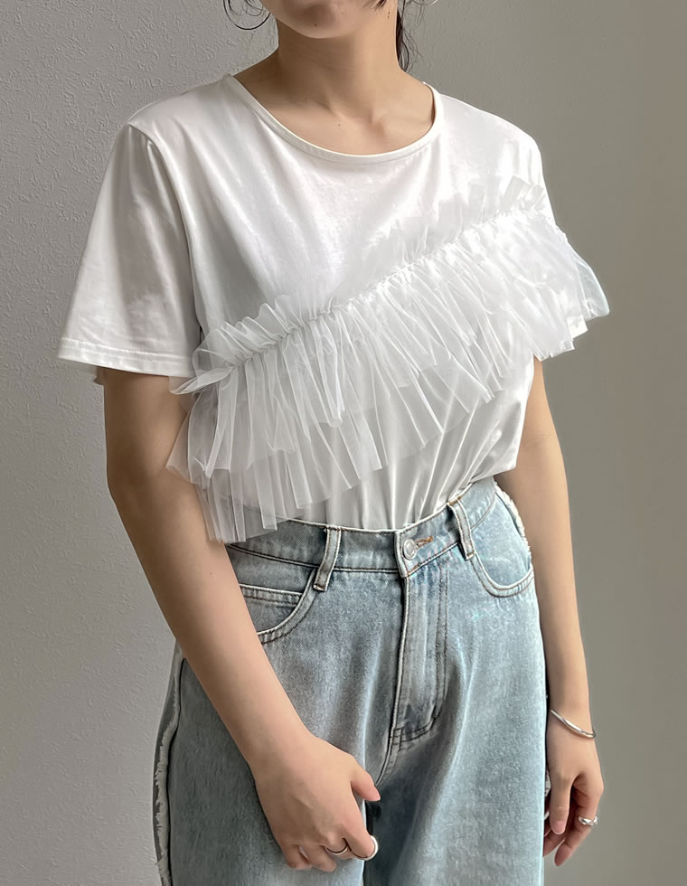 チュールアシンメトリーデザインＴシャツ