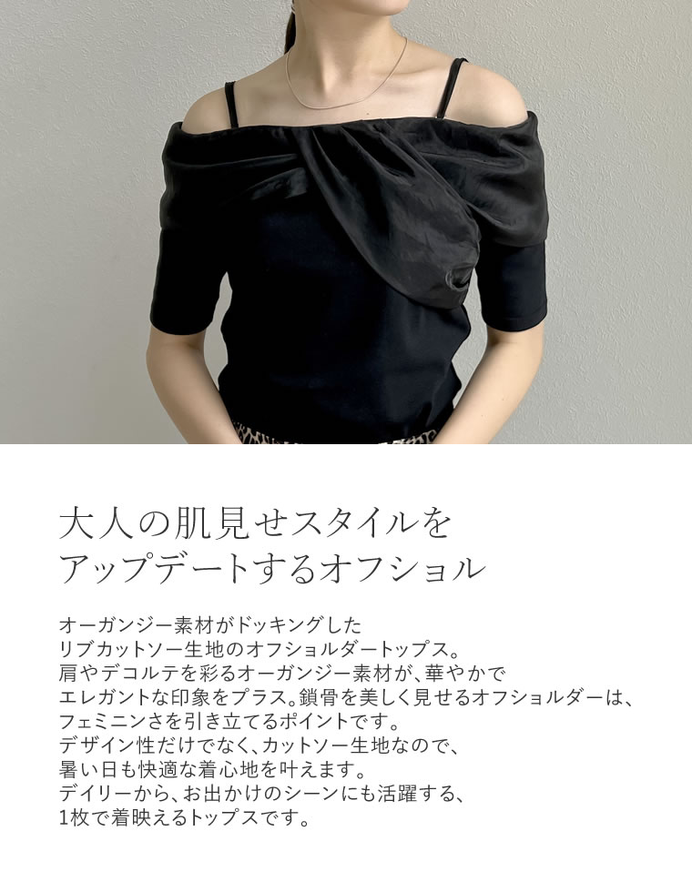 オーガンジードッキングリブオフショルトップス