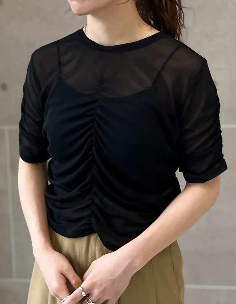 パワーメッシュギャザー半袖トップス