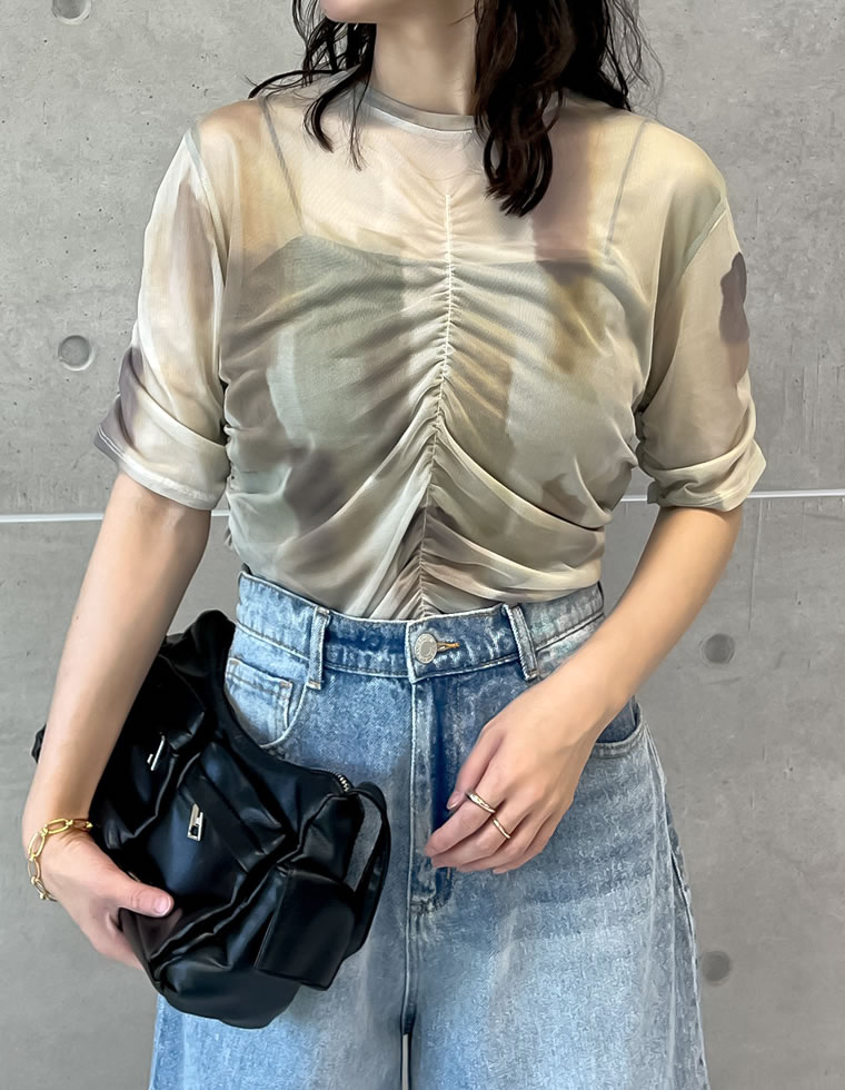 パワーメッシュギャザー半袖トップス
