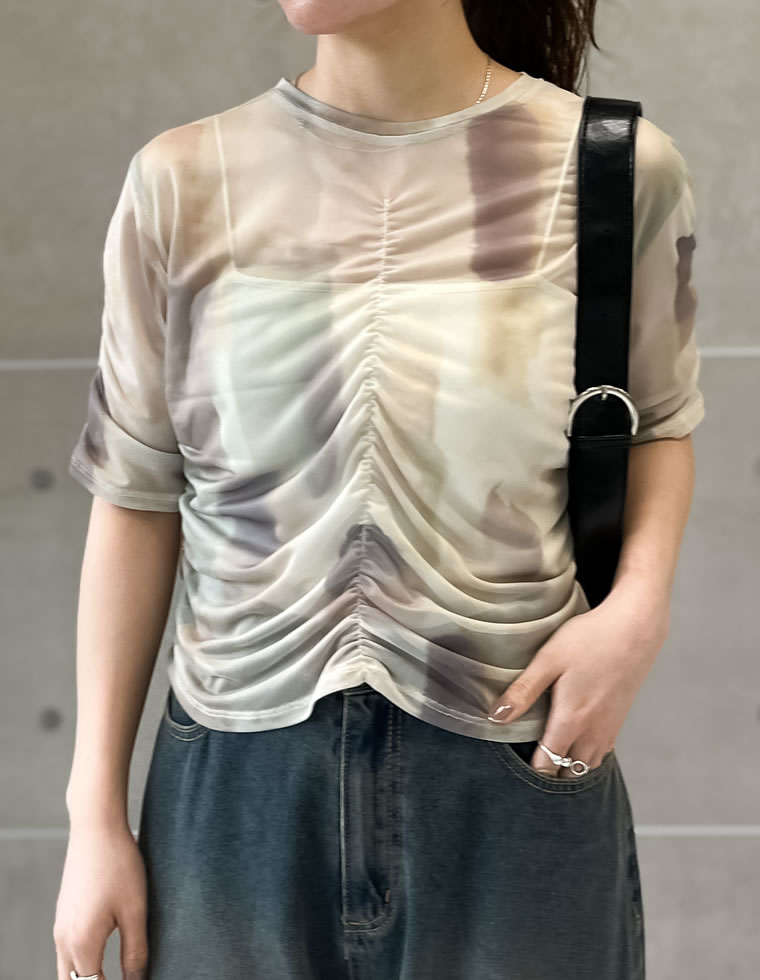 パワーメッシュギャザー半袖トップス