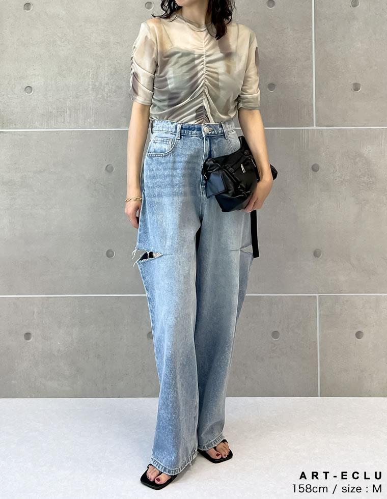 パワーメッシュギャザー半袖トップス