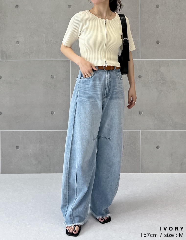 ダブルジップ半袖ニットトップス