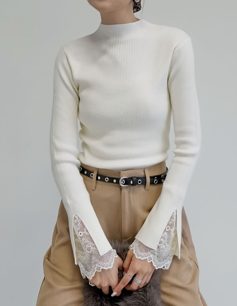 袖レースレイヤードフレアスリーブニット