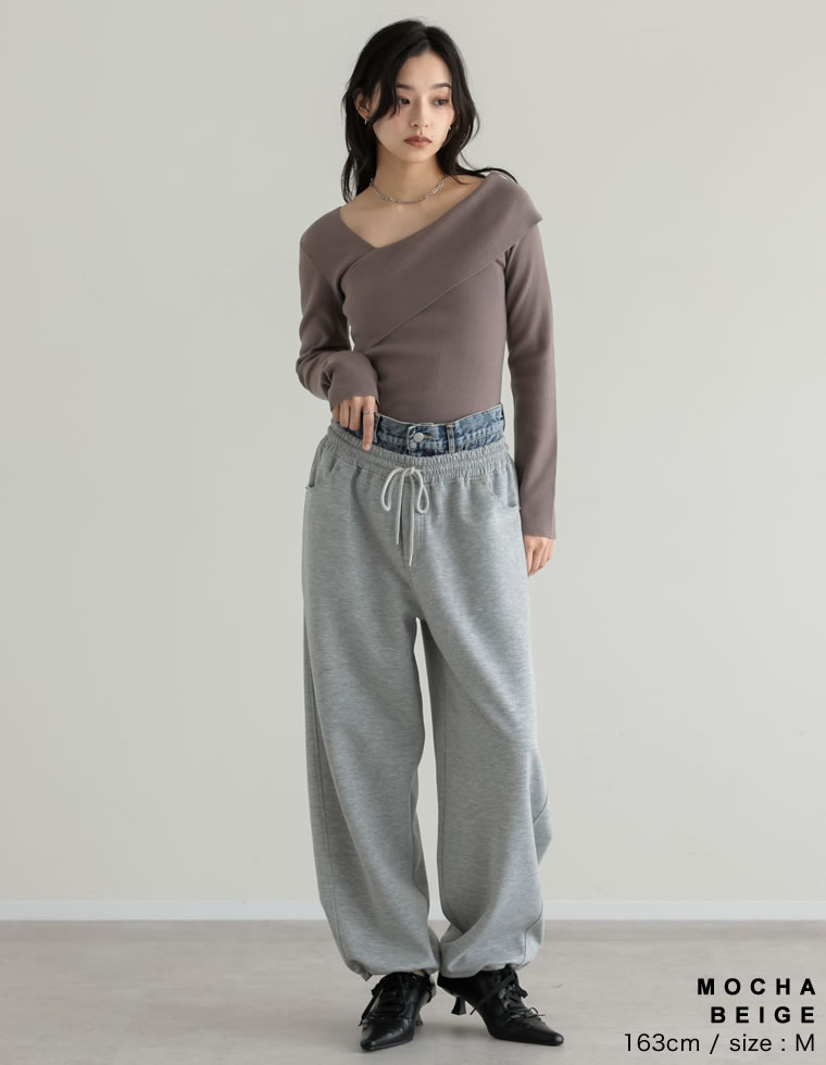 アシンメトリーネックニットトップス