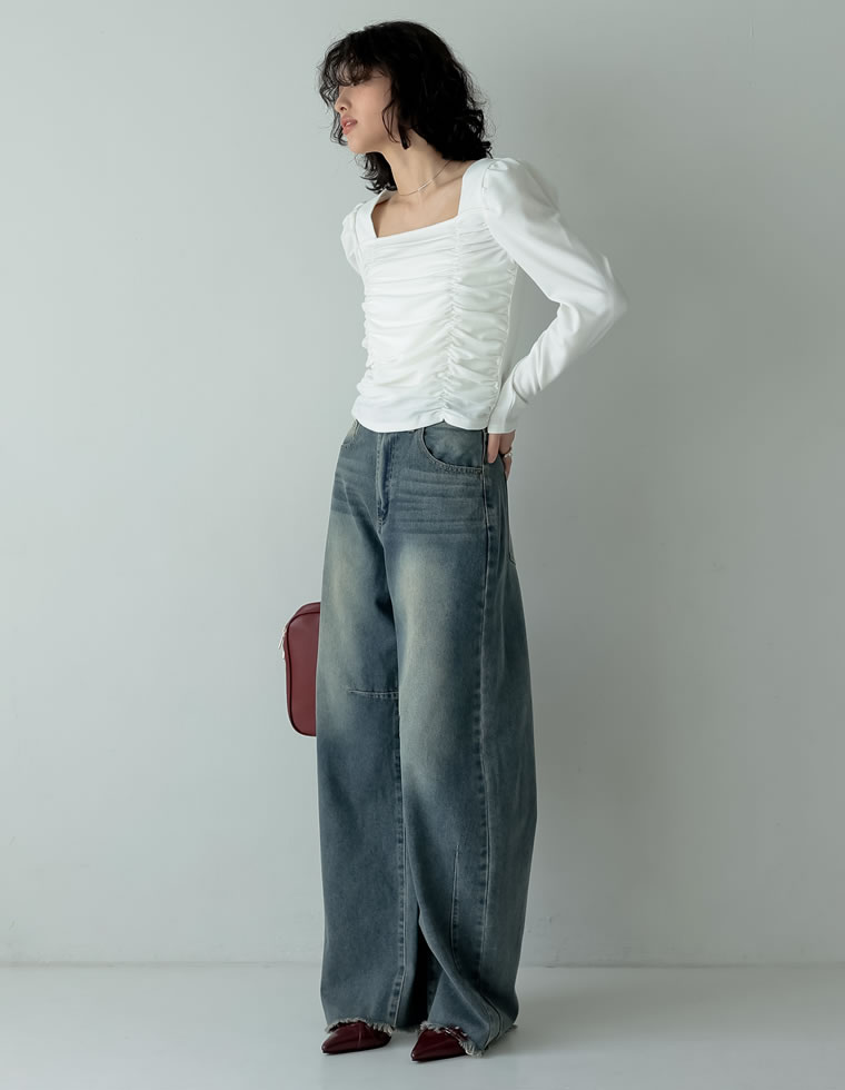 ストレッチギャザーパフスリーブトップス