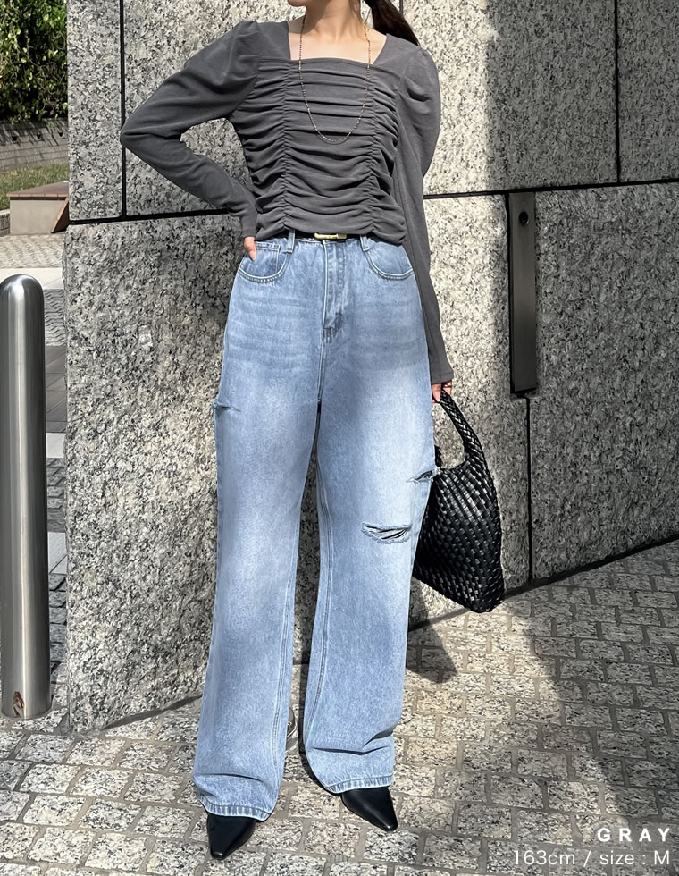 ストレッチギャザーパフスリーブトップス